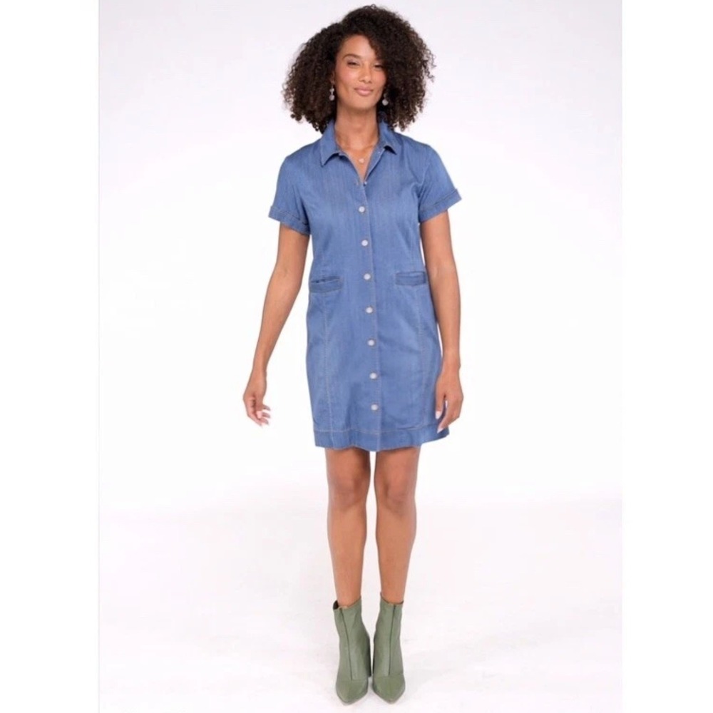 Cabi Denim Shirt Dress Womens Medium Short Sleeve‎ Button Front Pockets Casual